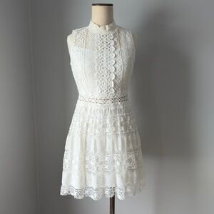 Fabrik White Lace Mini Dress Boho High Neck Sleeveless Crochet Overlay Medium